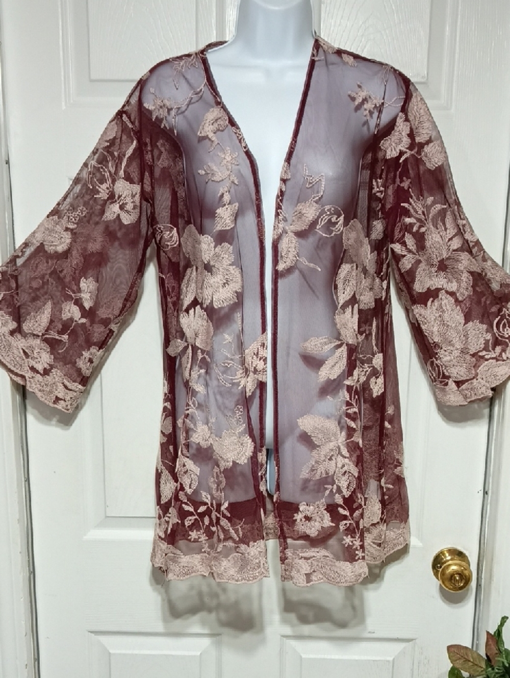Suzanne Betro Burgundy Embroidered Kimono